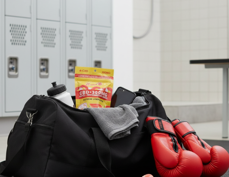 Image of a gym bag containing CBD Gummies inside a gym's locker room