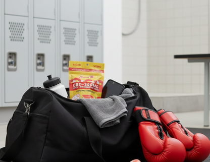 Image of a gym bag containing CBD Gummies inside a gym's locker room