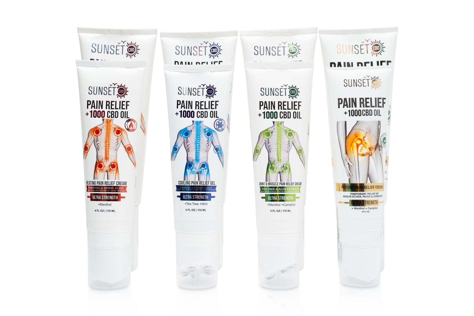 Sunset CBD Pain Relief Roll-On Collection – four formulas with 5-ball massaging applicators, including heating, cooling, thermal, and tea tree blends
