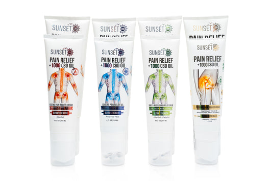 Sunset CBD Pain Relief Roll-On Collection – four formulas with 5-ball massaging applicators, including heating, cooling, thermal, and tea tree blends