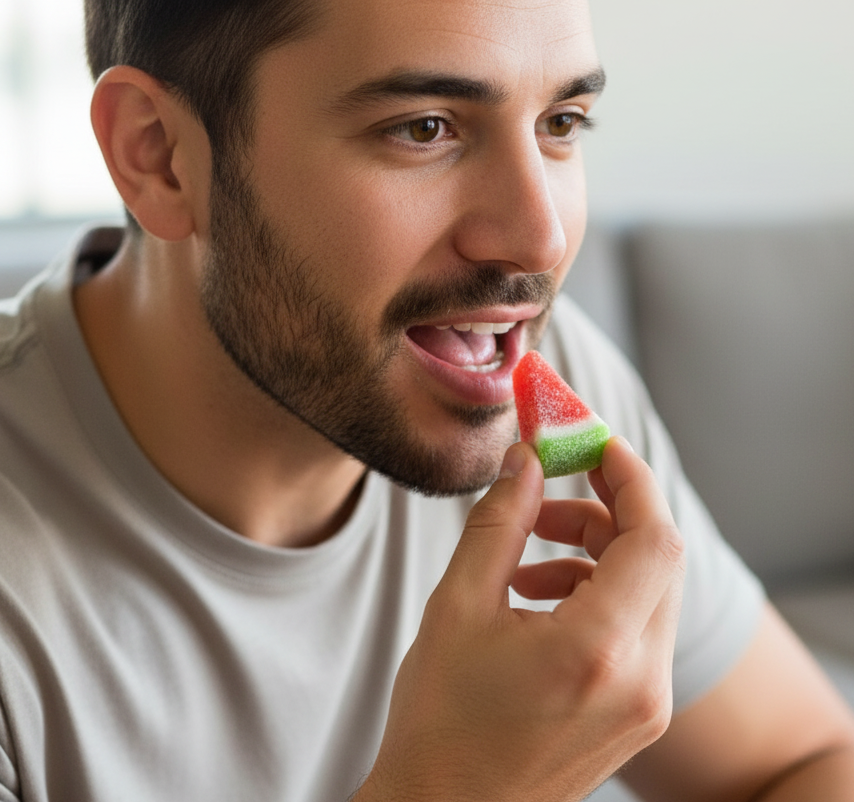lifestyle photo of a happy man sitting in a modern, sunlit apartment. He is holding and eating a single watermelon gummy from a jar of CBD edibles.