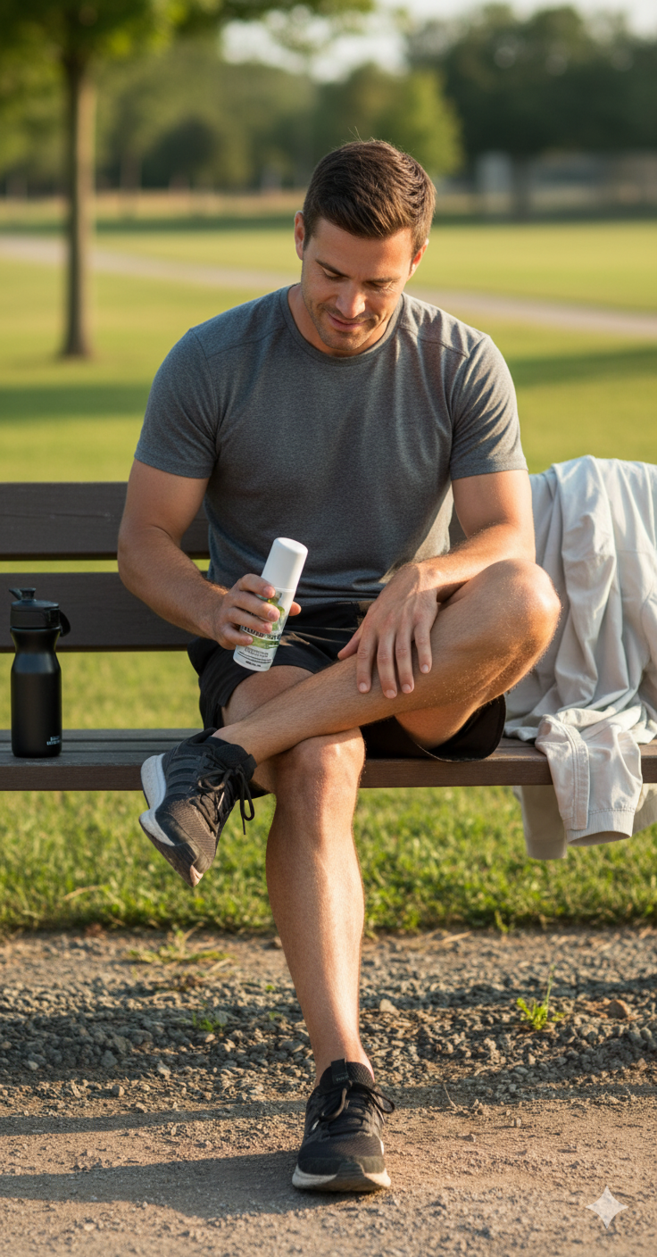 man using roll on sunset cbd cream after running