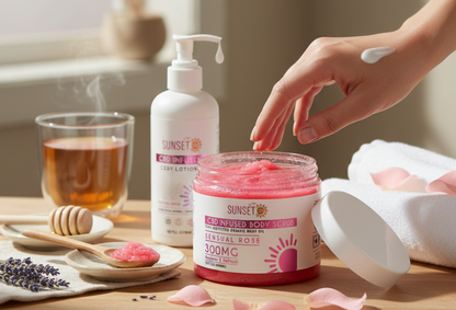 Lifestyle scene with Sunset CBD Sensual Rose Body Scrub 300mg and CBD Lotion – self-care routine with exfoliation and hydration, shown with flowers, honey, and tea