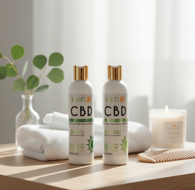 Sunset CBD Shampoo and Conditioner 150mg duo – CBD hair care set displayed in spa bathroom setting with towels, candle, and comb