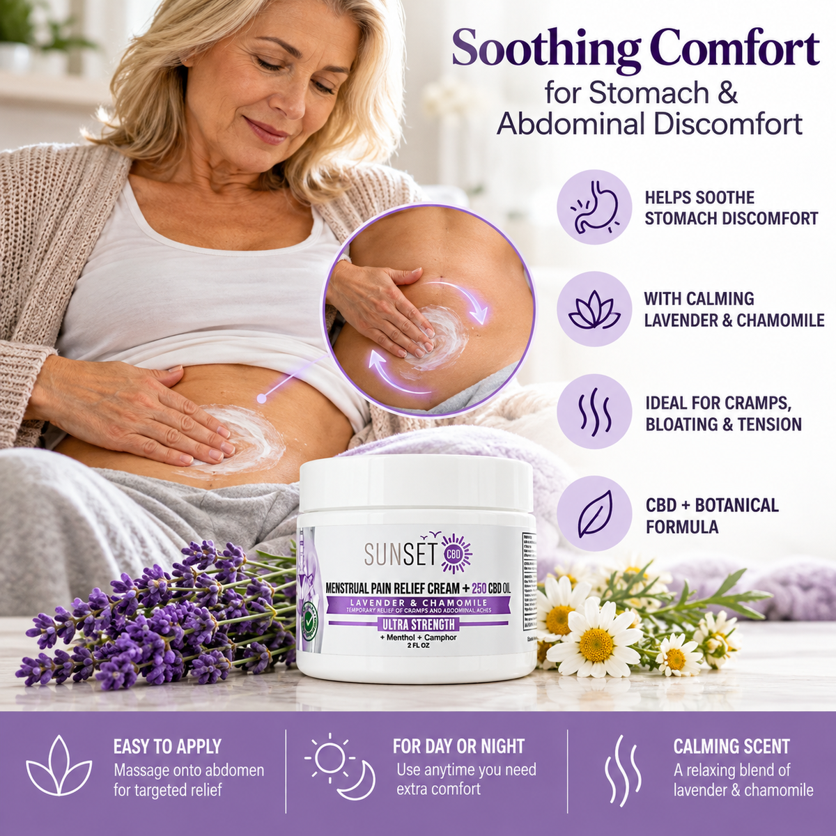 Mature woman applying Sunset CBD Lavender & Chamomile cream to abdomen