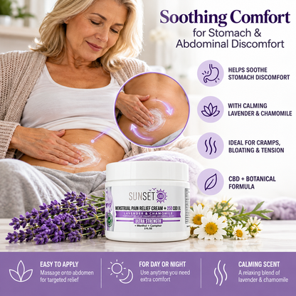 Mature woman applying Sunset CBD Lavender & Chamomile cream to abdomen