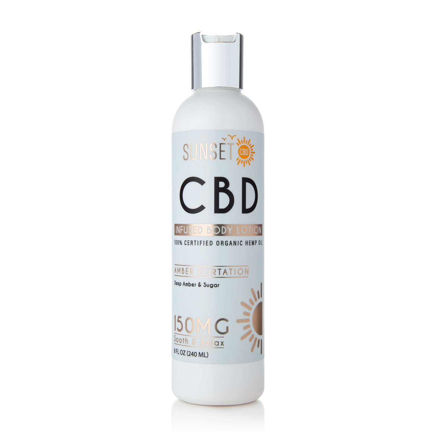 Sunset CBD Body Lotion 150mg –Amber & Sugar hydrating CBD skincare lotion bottle.