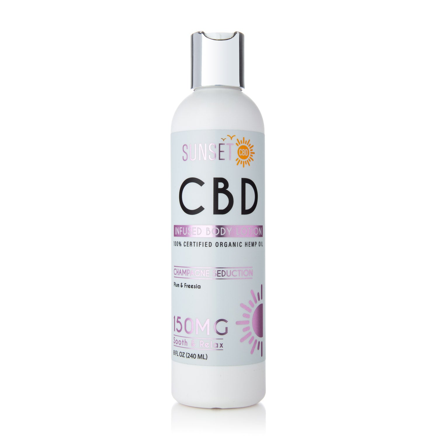 Sunset CBD Body Lotion 150mg – Plum & Freesia hydrating CBD skincare lotion bottle.
